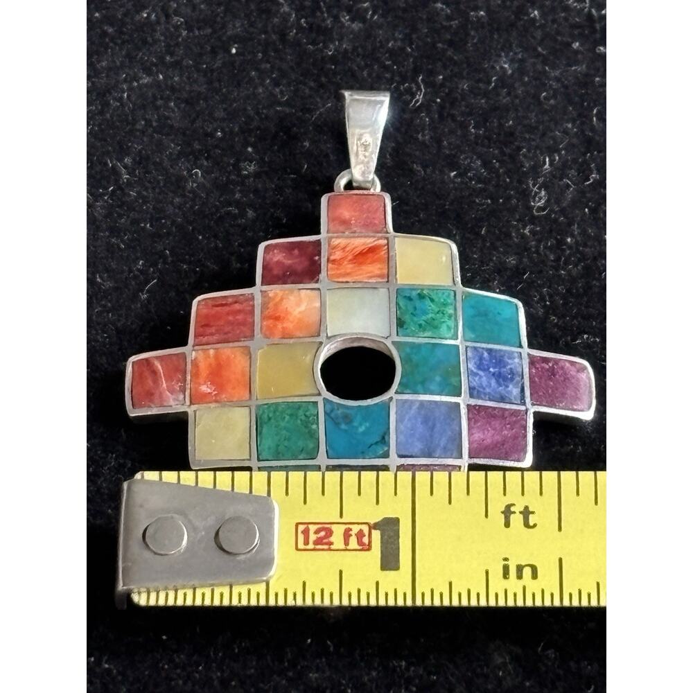 Peruvian Chakana Cross 950 Fine Silver Rainbow Stone Inlay Andean Pendant - Picture 5 of 6